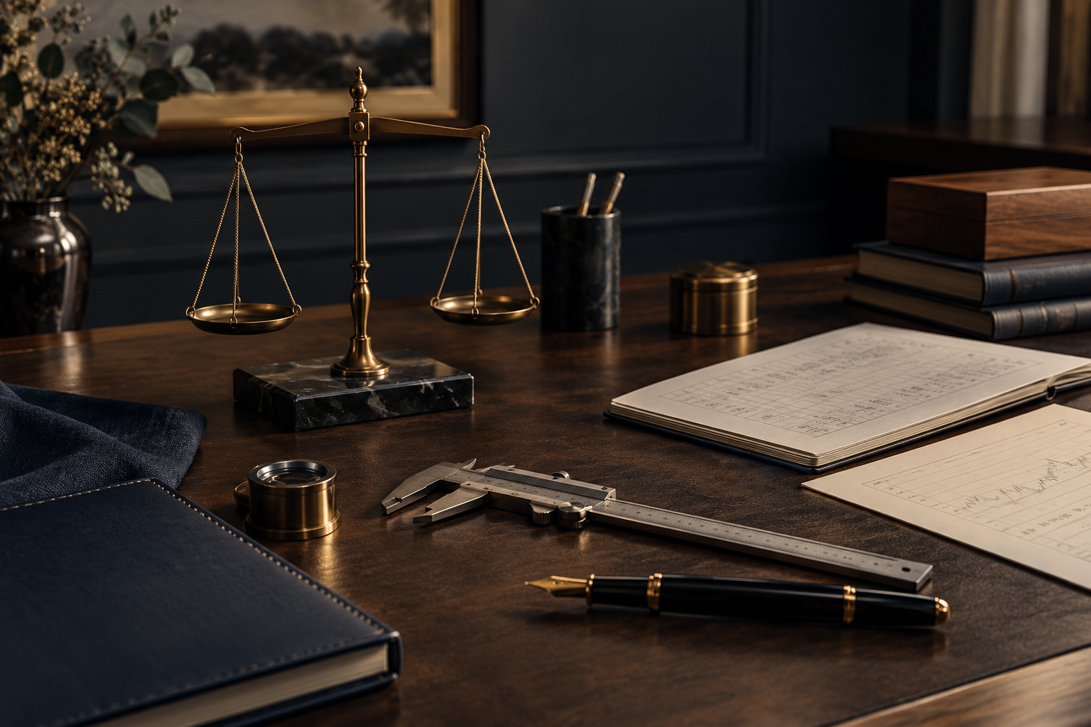 Precision balance, caliper and financial ledger symbolising disciplined craftsmanship