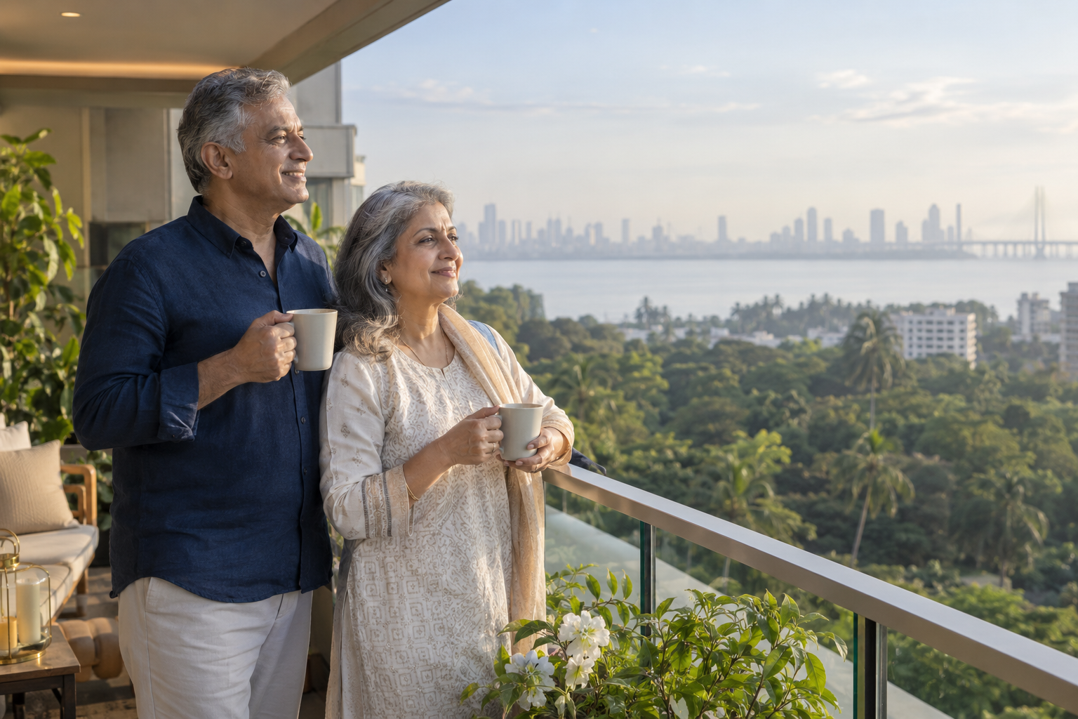 Retired couple overlooking Mumbai while considering the years ahead