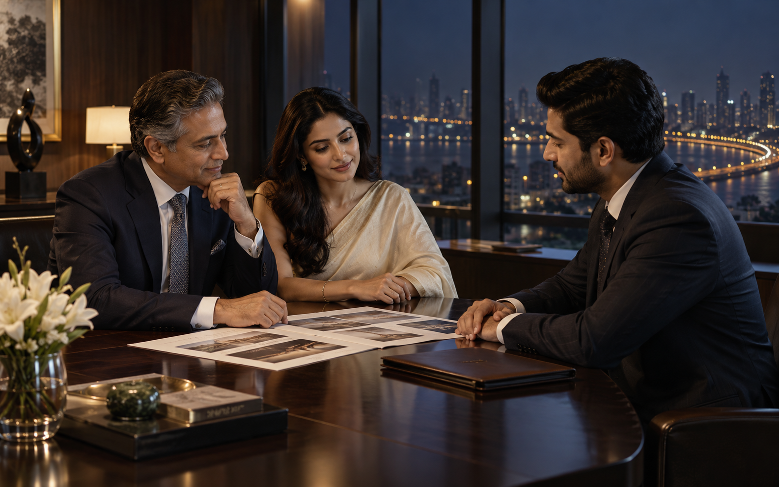 Private wealth consultation around printed portfolio documents in a Mumbai boardroom