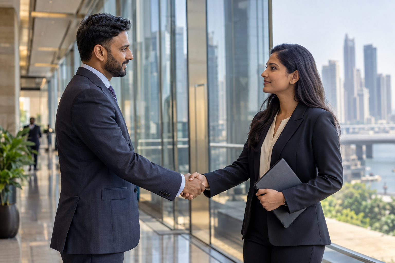 Professional relationship built on shared financial goals in a glass office
